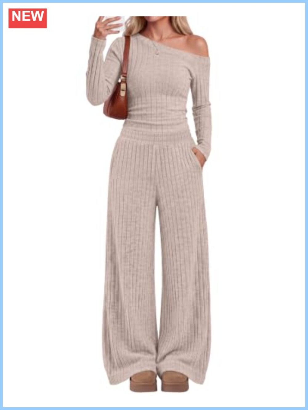 Ribbed Knit Off Shoulder Lounge Set Wide Leg Pants Casual